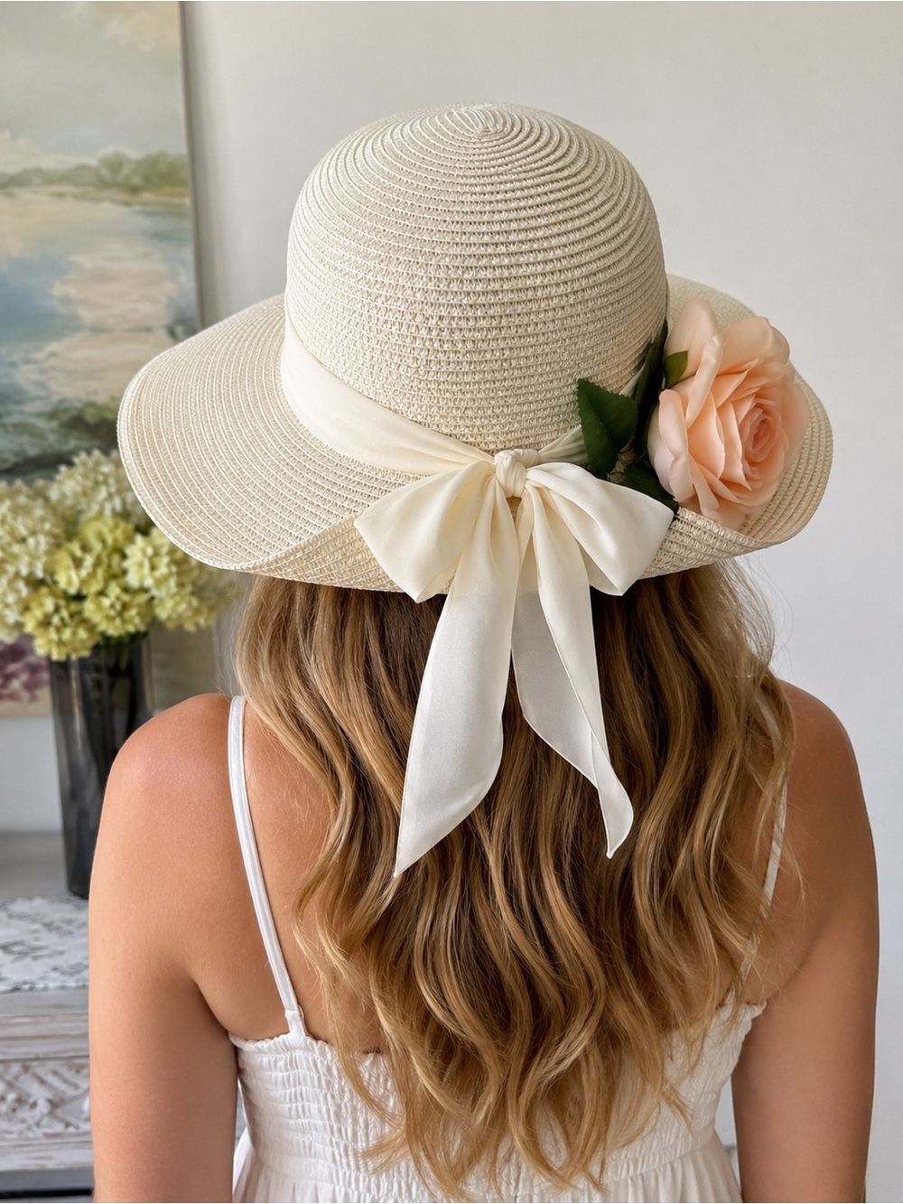 Nine West Cream Straw Sun Hat with Peach Flower